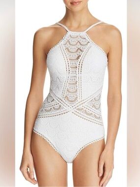 White Crochet High-Neck One-Piece Swimsuit